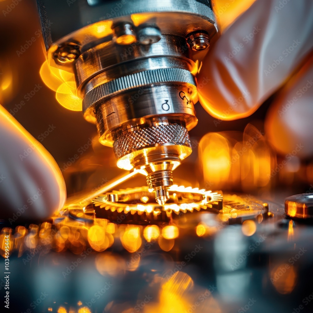 Poster a close-up of a technician's hands working with intricate gears and tools, showcasing precision and 