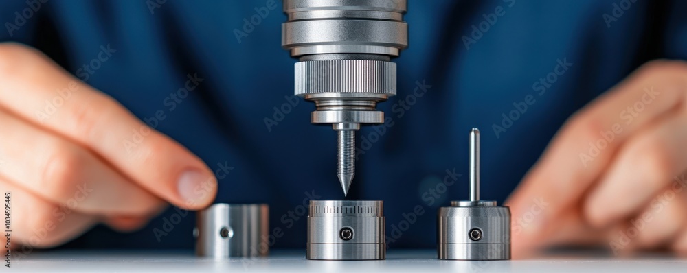 Poster a close-up view of hands operating a precision tool to attach a screw to metal components on a work 