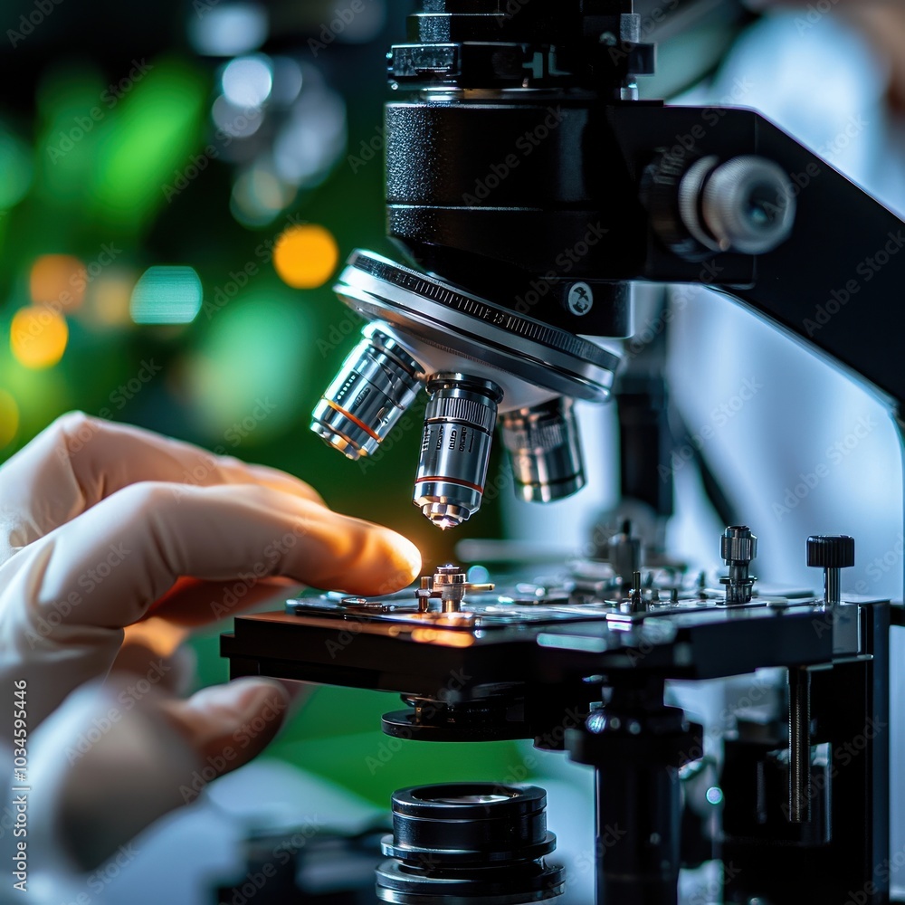 Poster a hand adjusts a microscope, focusing on a slide, highlighting the precision and intricacies of scie