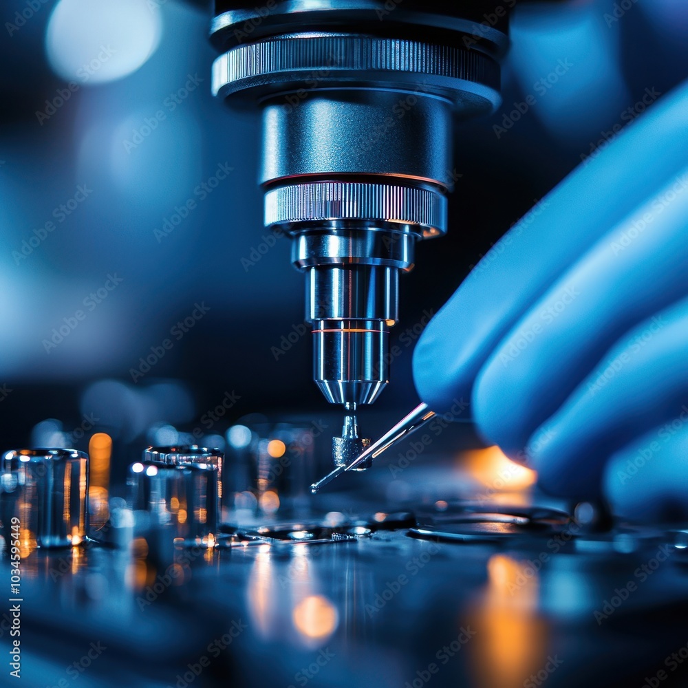 Poster a close-up image of a hand using a precision tool on a circuit board under a microscope, highlightin