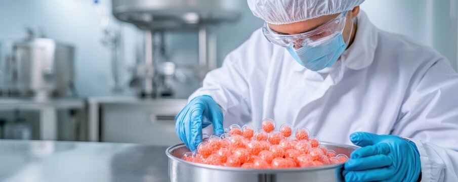 A laboratory technician in protective gear examines a bowl of pink substances, highlighting food safety and scientific processing in a clean environment.