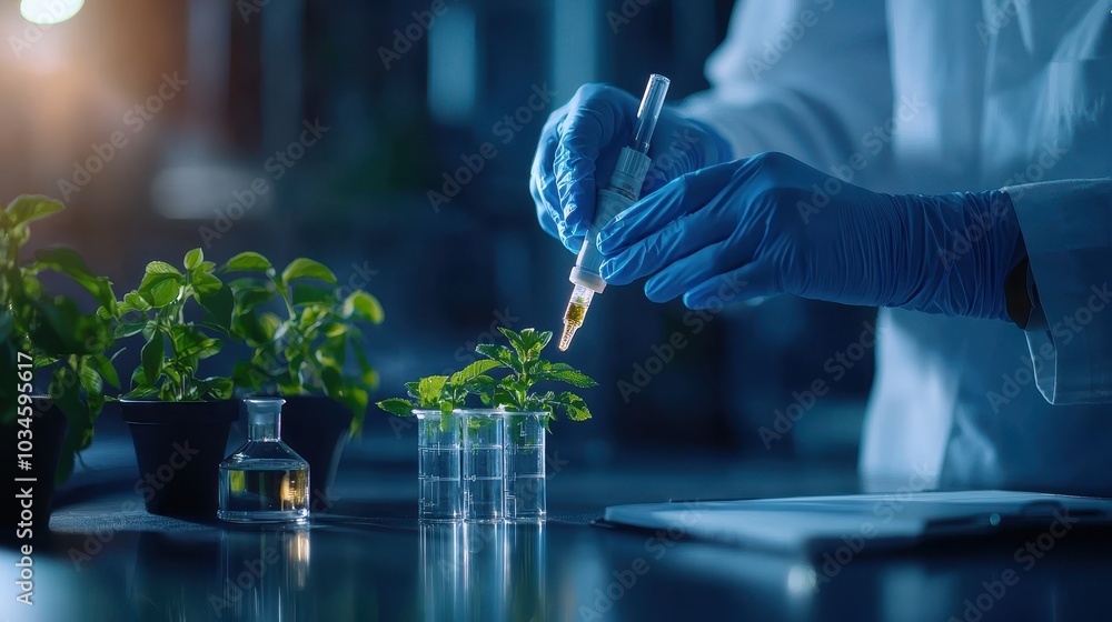 Wall mural a scientist conducts experiments on plants using a pipette in a laboratory, showcasing research and 