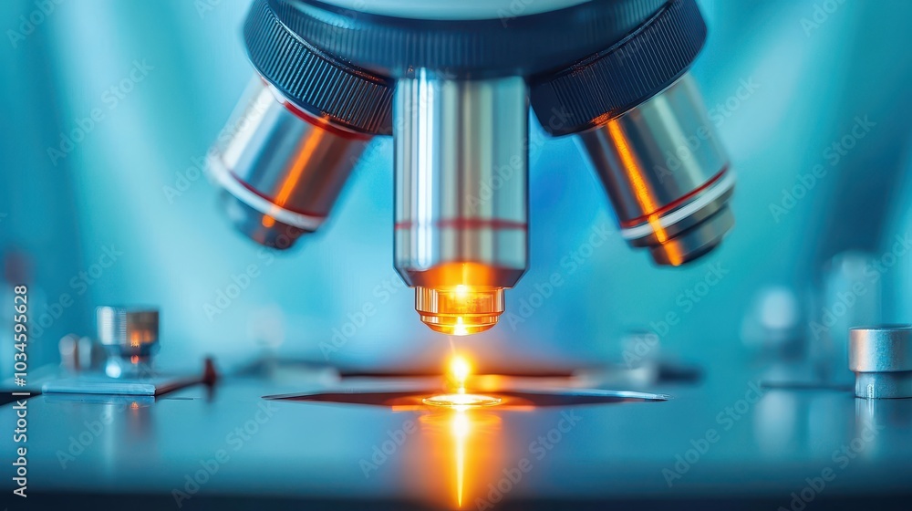 Poster a close-up of a microscope's objective lens illuminating a specimen, showcasing intricate details an