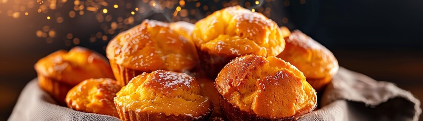 Cornbread muffins in a basket with steam rising, morning light illuminating the scene, [Cornbread], [cozy breakfast]