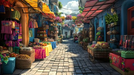 Obraz premium 19. A vibrant street market scene with colorful stalls and a space for a product