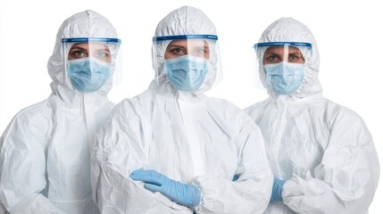 Three healthcare professionals in protective gear, including face shields and masks, standing confidently against a white background.