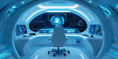 Futuristic spaceship bridge with an ergonomic chair and multiple monitors displaying digital information, featuring a bright blue and white color scheme.