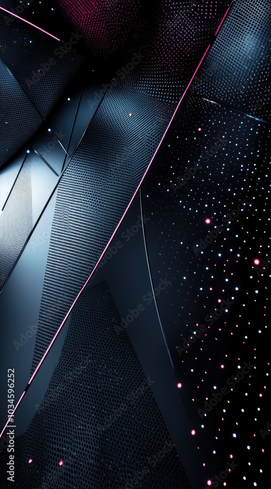 Poster abstract digital design with geometric shapes and glowing elements.