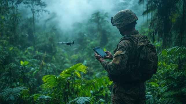A soldier in tactical gear controls a drone using a tablet amidst lush greenery, focused on reconnaissance in a foggy rainforest setting.