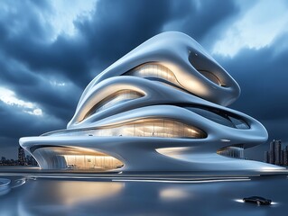 A modern, futuristic, white building with flowing lines and large windows under a stormy sky.