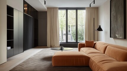 Fototapeta premium Modern Minimalist Living Room Interior Design with Large Windows and Comfortable Sofa