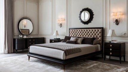 Elegant Modern Bedroom Interior Design with Upholstered Headboard and Stylish Furniture