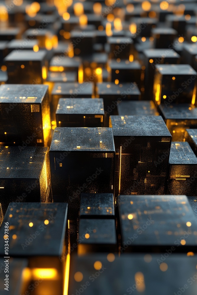 Poster abstract representation of illuminated cubes creating a digital landscape.