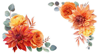 Autumn floral corner borders featuring dahlia, rose, and eucalyptus leaves in warm fall colors, perfect for rustic wedding decor, invitations, and seasonal designs.