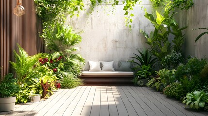 Fototapeta premium 197. A serene outdoor patio with plants and an empty area for a product