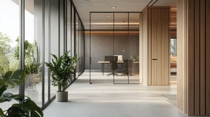 Modern Office Interior with Glass Doors and Wood Paneling