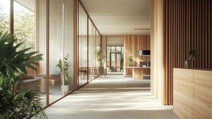 Fototapeta premium Modern Office Interior Design with Wooden Accents and Glass Walls