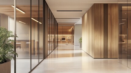 Obraz premium Modern Office Hallway with Glass Walls and Wood Paneling