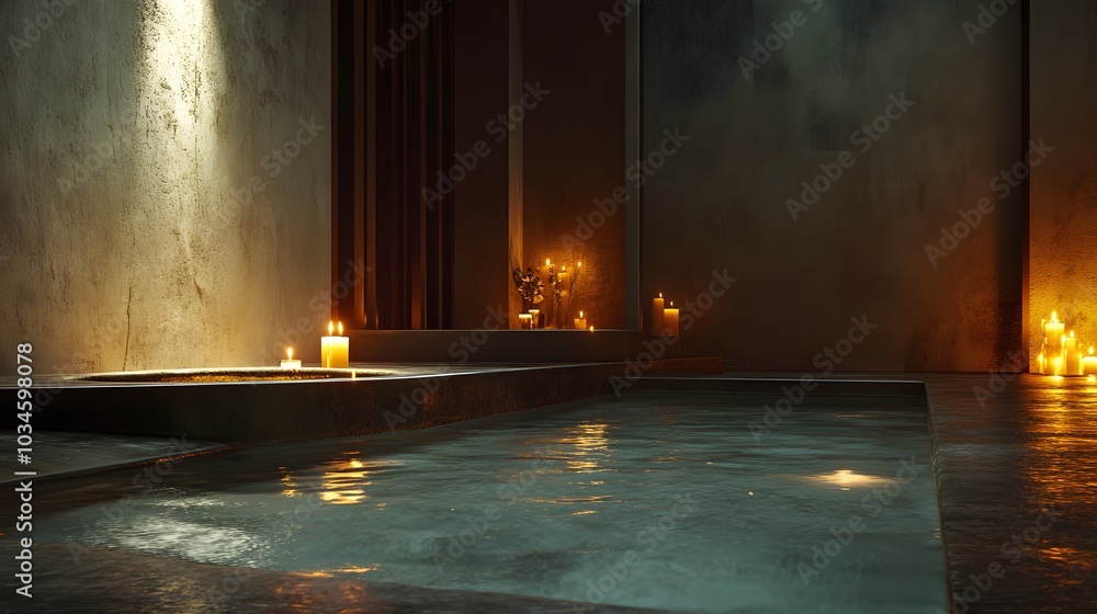 Poster 18. a serene spa environment with candles and an empty spot for a product