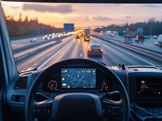 A driver's view of a highway with a GPS navigation system on the dashboard.
