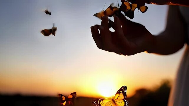 A woman gently releasing butterflies at sunset, creating a serene and magical atmosphere.