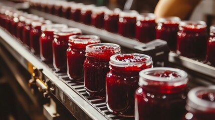 Jars of red jam move along a conveyor belt in a factory setting.