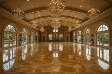 Obraz premium A grand ballroom with multiple chandeliers, large windows, and a polished marble floor.