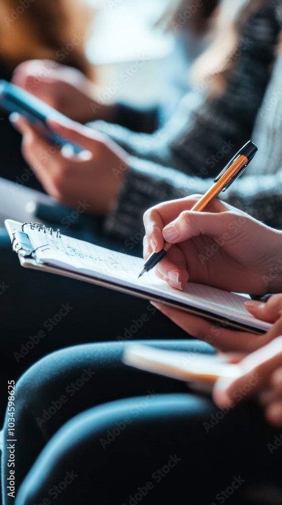 Poster student taking notes during a lesson in university