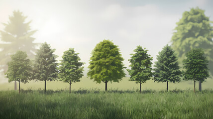 Obraz premium Illustration of a row of trees in varying sizes and shades of green, set against a misty background in a grassy field.