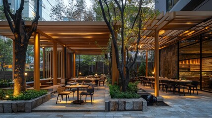 Modern Restaurant Patio with Pergola and Stone Wall