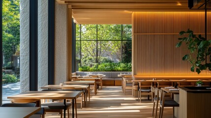 Fototapeta premium Modern Restaurant Interior with Natural Light and Wood Accents
