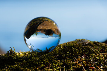 A close up image of a photographic lens ball resting on green moss and reflecting an inverted image of the Pacific Ocean. 