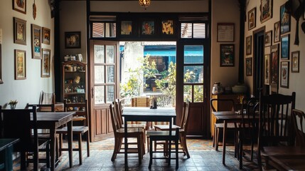 Vintage Cafe Interior with Wooden Table and Chairs