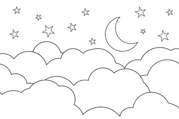 night sky with stars and moon. paper art style. Dreamy background with moon stars and clouds, abstract fantasy background. Half moon, stars and clouds on the dark night sky background. coloring book 