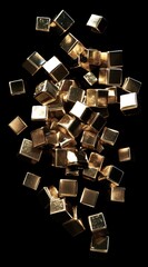 A collection of shiny, metallic cubes scattered against a dark background.