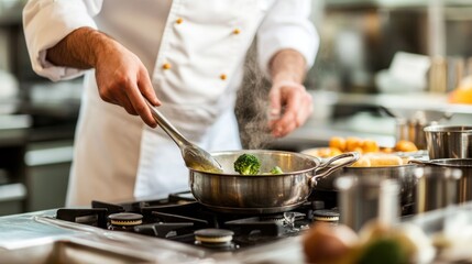 Chef cooking vegetables in a stainless steel pan on a stovetop in a professional kitchen.