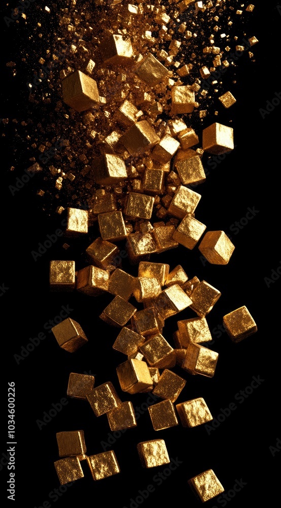 Poster a cascade of golden cubes falling against a black background, creating a striking visual effect.