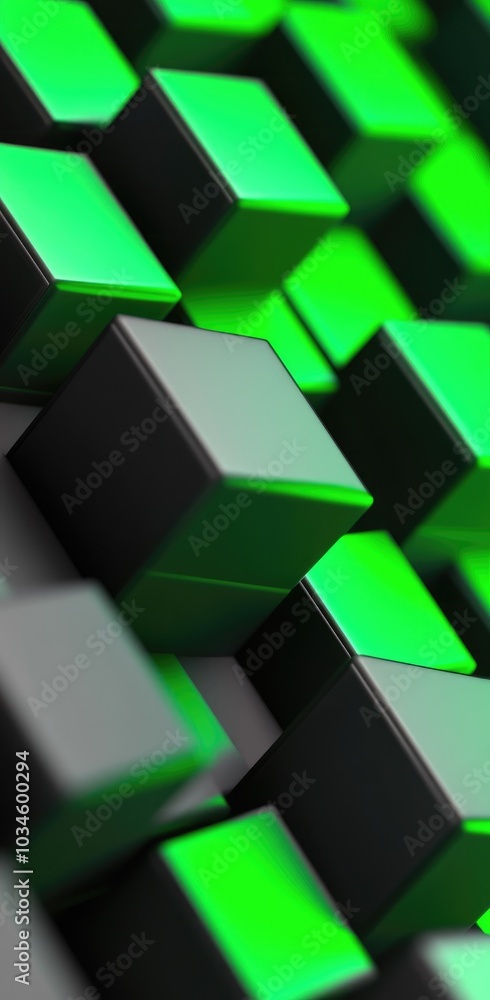 Poster Close-up of green and black cubes arranged in a dynamic pattern.