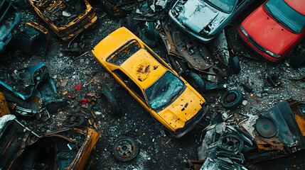 Broken and Discarded Car Parts Littering an Abandoned Lot, Featuring Bumpers, Doors, and Metal Scraps