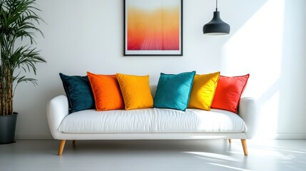 Modern Living Room Interior with Colorful Pillows on White Sofa