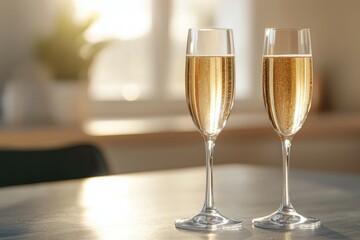 Two champagne glasses on a table, one of which is almost empty