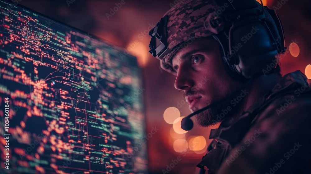 Leinwandbilder A soldier in tactical gear focuses intently on a monitor filled with complex data while operating in a dimly lit command center at night.