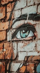 Blue eye watching from graffiti art on brick wall