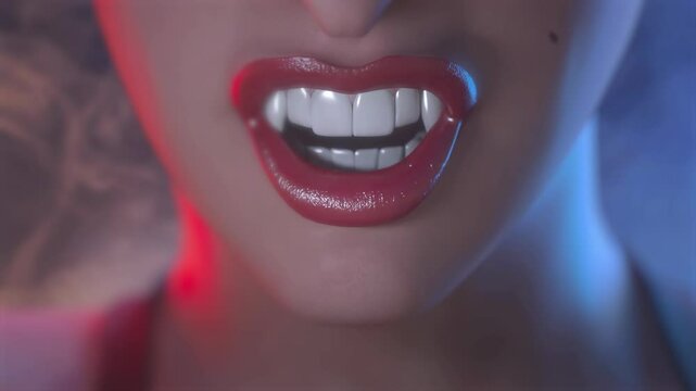 A close-up portrait of a vampire's teeth of a veracious witch woman 3d render 