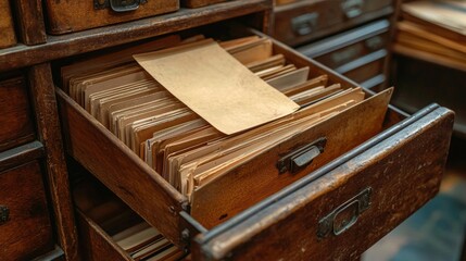 Obraz premium Open vintage wooden drawers of filing cabinets for storing data, archives and documents in an office setting..