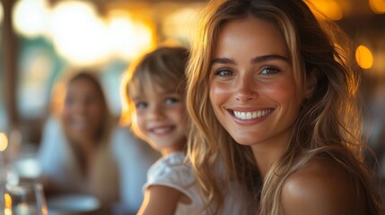 Fototapeta premium A mother smiles brightly while sitting at a cozy restaurant table with her daughter, who playfully grins beside her, enjoying a happy evening together.