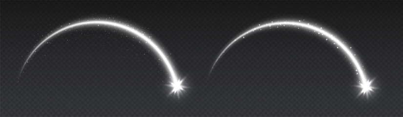Shooting star light effect, magic arch with sparkles, glowing meteor with trail, shiny star in motion. Christmas vector illustration.