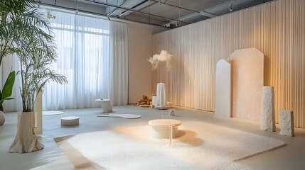 177. A trendy art exhibit with installations and an unoccupied space for a product