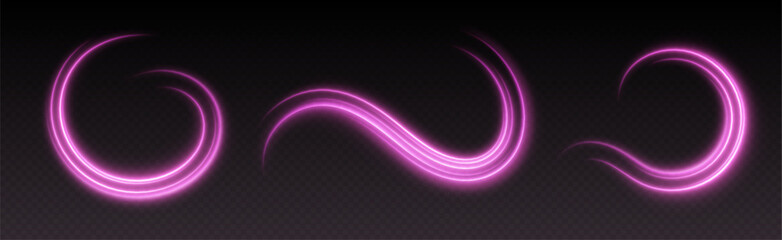 Glowing pink light swirls with smooth, flowing curves. Light effect in motion concept. Vector illustration.