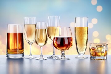 A row of glasses with different colored liquids in them